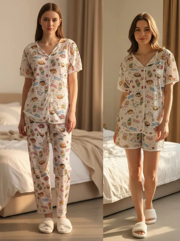 White_Cotton_Printed_Summer_wear_Three_Piece_Night_suit_for_women