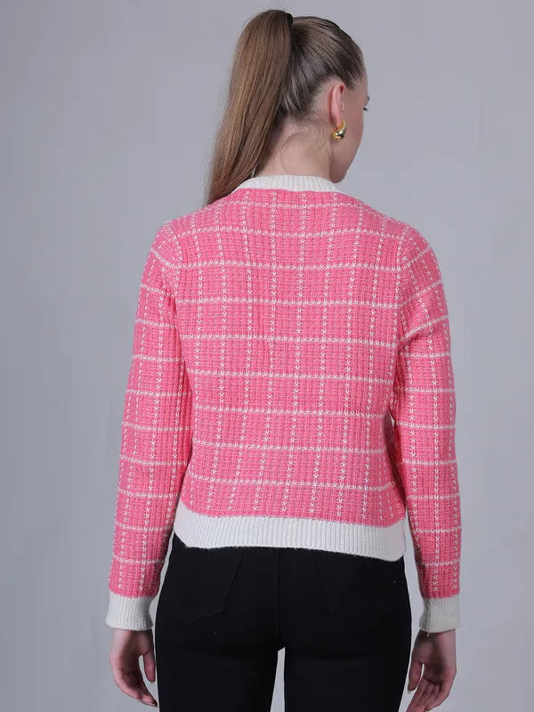 Pink_Woolen_Checked_Sweater_For_Women