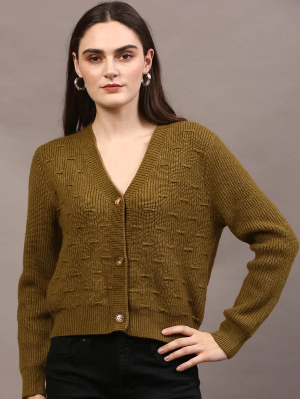 Olive_Green_Woolen_Knitted_V-Shape_Cardigan