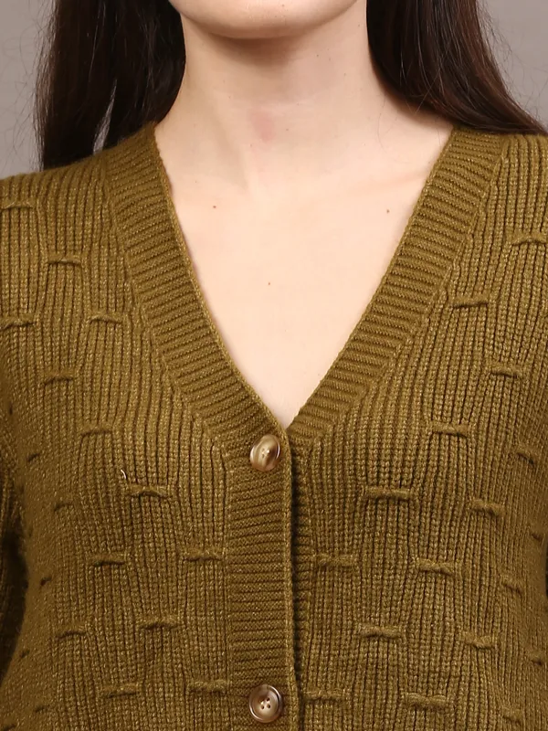 Olive_Green_Woolen_Knitted_V-Shape_Cardigan