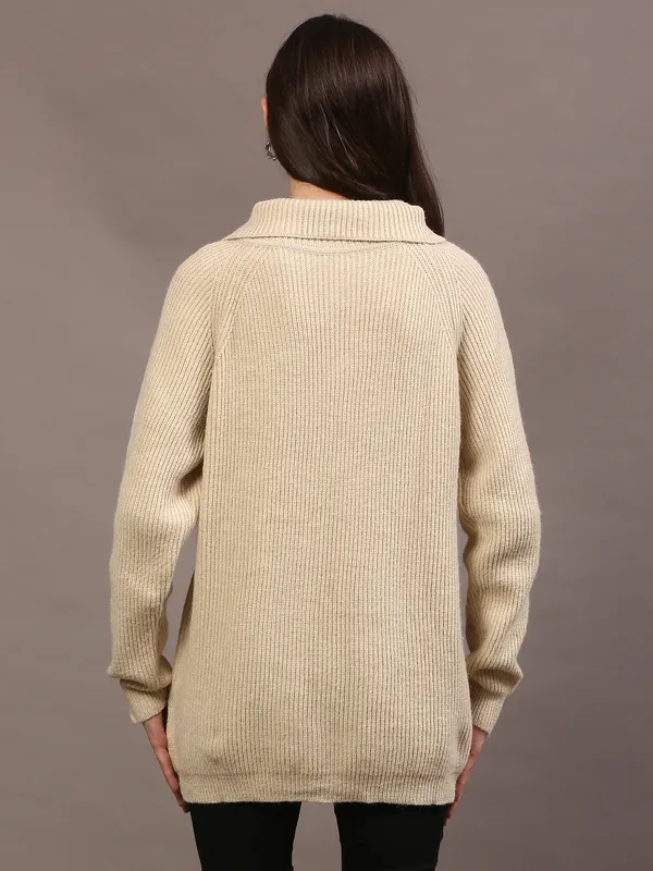 Beige_Woolen_High_Neck_Ribbed_Long_Cardigan_For_Women