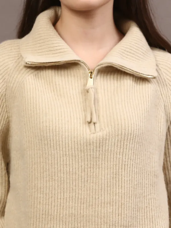 Beige_Woolen_High_Neck_Ribbed_Long_Cardigan_For_Women