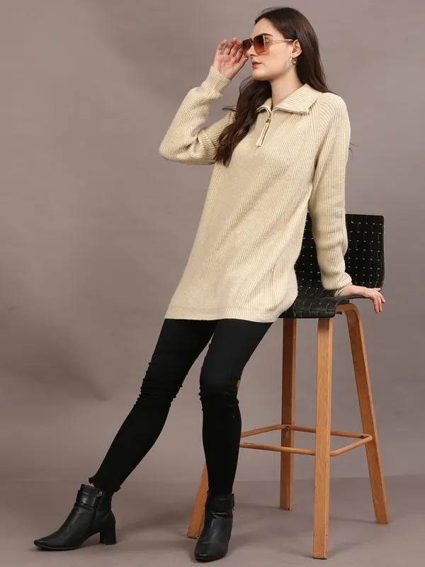 Beige_Woolen_High_Neck_Ribbed_Long_Cardigan_For_Women