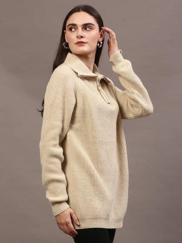 Beige_Woolen_High_Neck_Ribbed_Long_Cardigan_For_Women