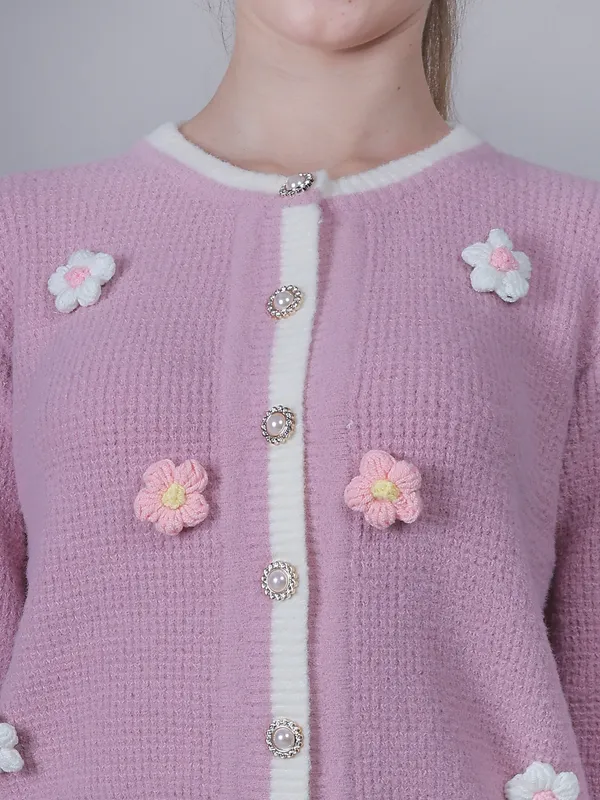 Pink_Woolen_Floral_Knitted_Cardigan_For_Women