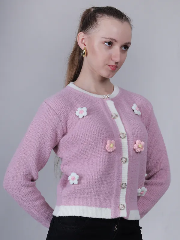Pink_Woolen_Floral_Knitted_Cardigan_For_Women