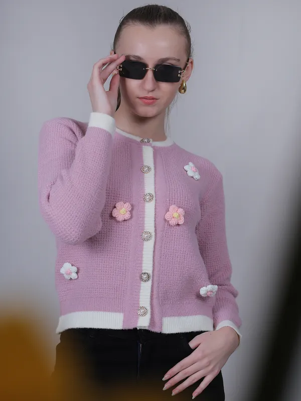 Pink_Woolen_Floral_Knitted_Cardigan_For_Women