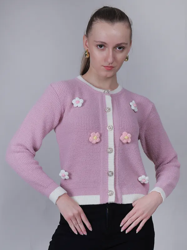 Pink_Woolen_Floral_Knitted_Cardigan_For_Women