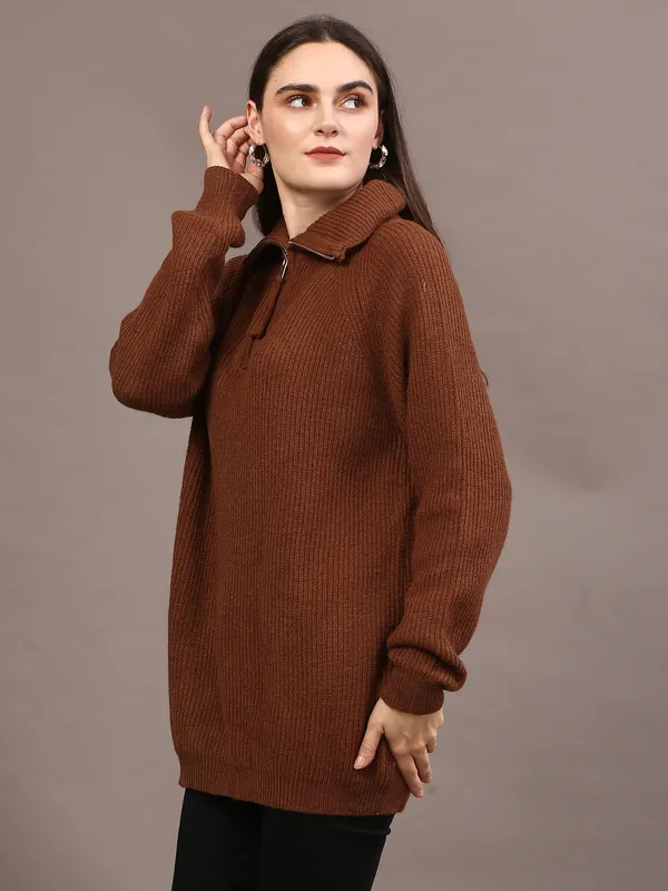 Brown_Woolen_High_Neck_Ribbed_Long_Cardigan_For_Women