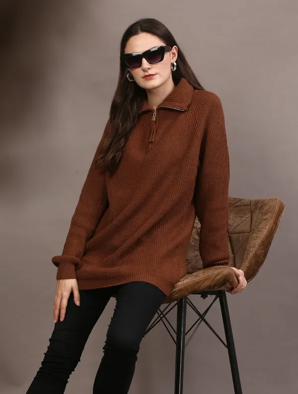 Brown_Woolen_High_Neck_Ribbed_Long_Cardigan_For_Women