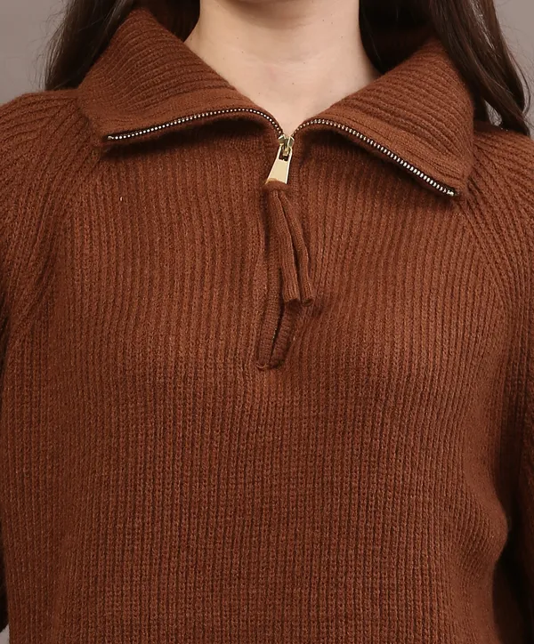 Brown_Woolen_High_Neck_Ribbed_Long_Cardigan_For_Women