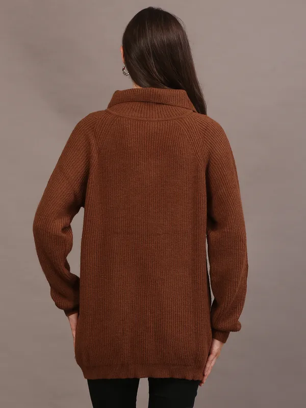 Brown_Woolen_High_Neck_Ribbed_Long_Cardigan_For_Women