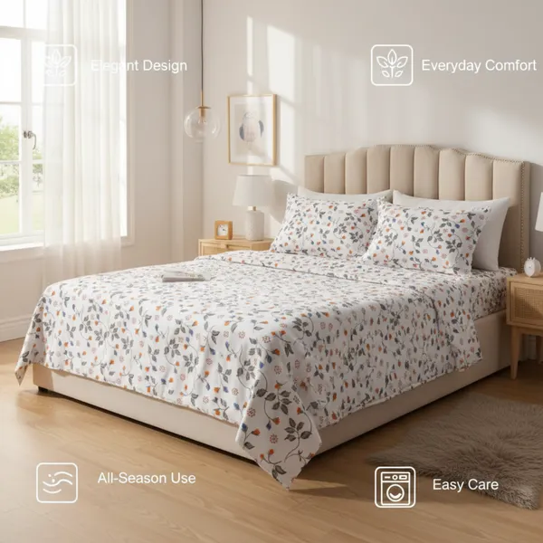 White_Micro_Satin_Bedsheet_With_Pillow_|_180_Tc_Double_Floral_Blossom_Print_Bedsheet_