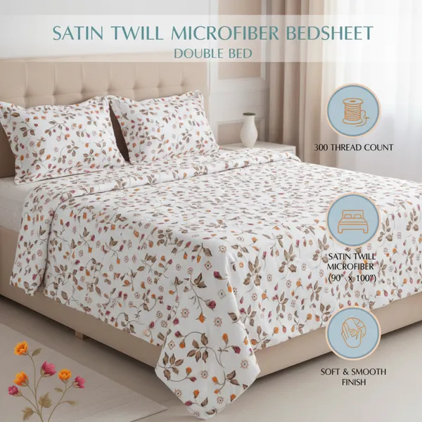 White_Micro_Satin_Twill_180_Tc_Double_Floral_Blossom_Print_Covers_Soft_Fade_Resistant_Microfiber_Textured_Bed_Bedsheet_With_Pillow