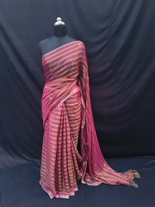 Raspberry_Pink_Cotton_Art_Silk_Striped_Handloom_Saree_For_Women