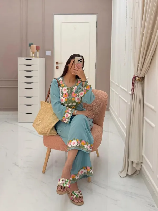 Light_Blue_Embroidered_Floral_Kurta_Set_With_Matching_Bottoms