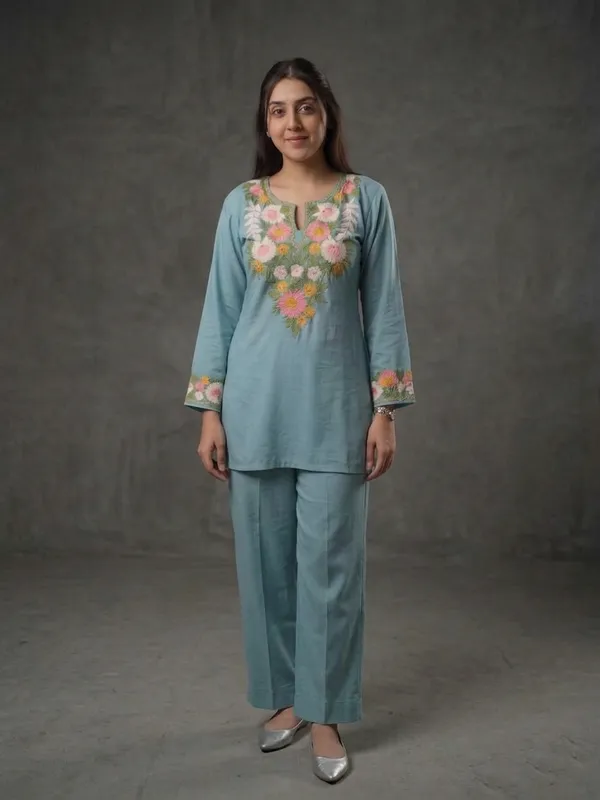 Light_Blue_Embroidered_Floral_Kurta_Set_With_Matching_Bottoms