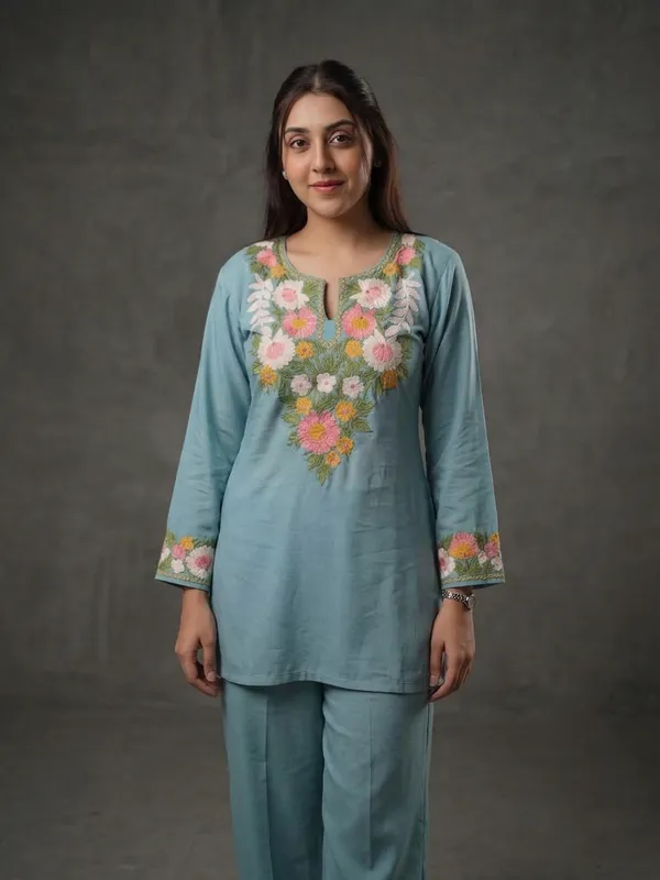 Light_Blue_Embroidered_Floral_Kurta_Set_With_Matching_Bottoms