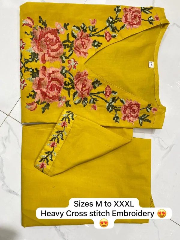 Yellow_Heavy_Cross_Stitch_Embroidered_Kurta_With_Floral_Design