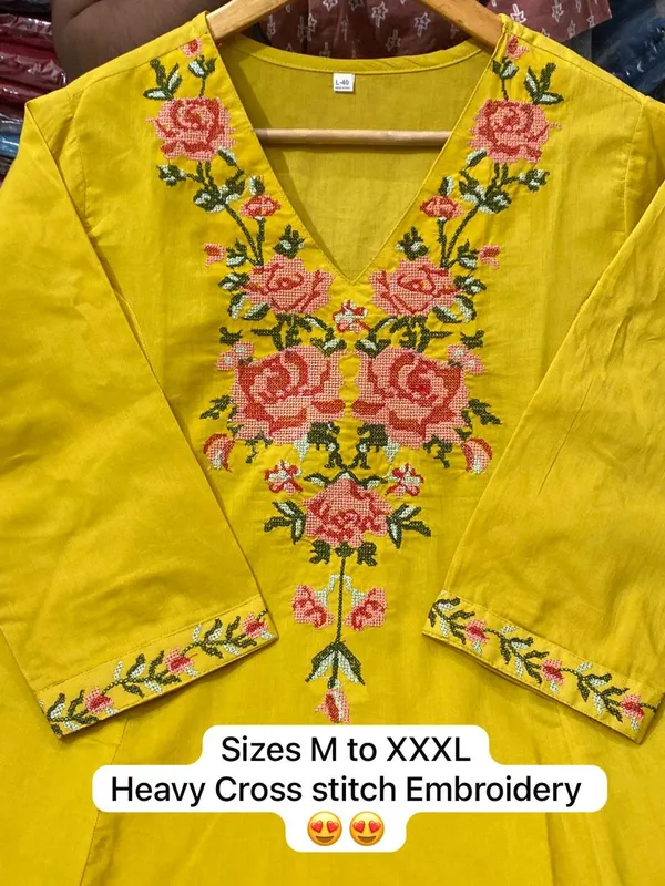 Yellow_Heavy_Cross_Stitch_Embroidered_Kurta_With_Floral_Design