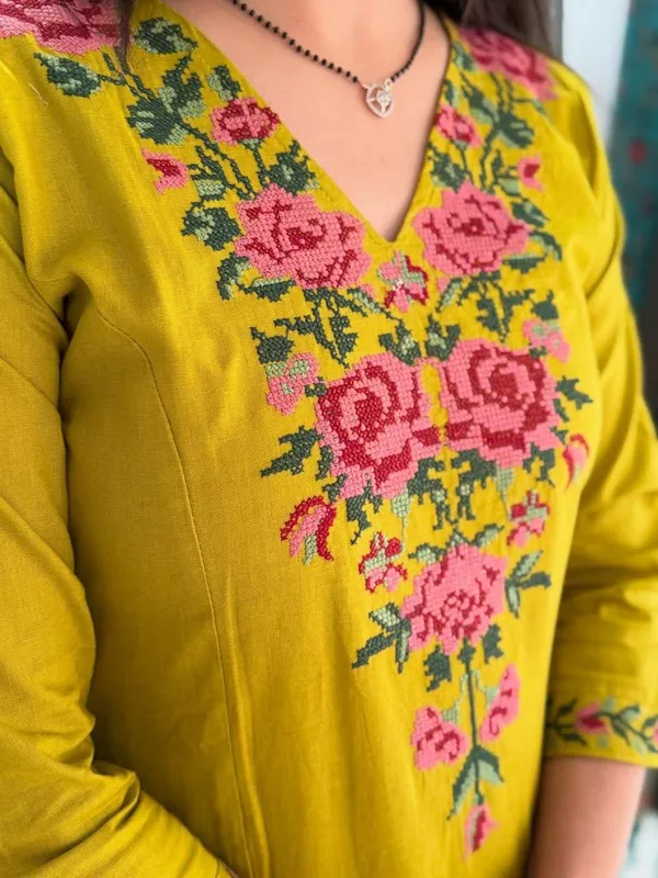 Yellow_Heavy_Cross_Stitch_Embroidered_Kurta_With_Floral_Design