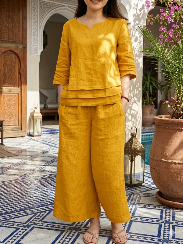 Mustard_Yellow_Cotton_Linen_Layered_Top_And_Palazzo_Set_For_Women