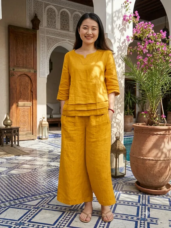 Mustard_Yellow_Cotton_Linen_Layered_Top_And_Palazzo_Set_For_Women