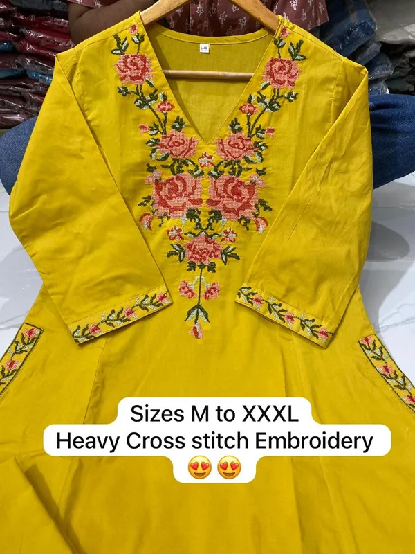 Yellow_Heavy_Cross_Stitch_Embroidered_Kurta_With_Floral_Design