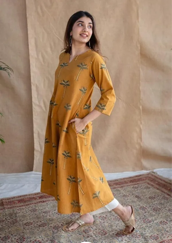 Mustard_Yellow_Floral_Print_Aline_Kurta_With_White_Palazzo_Set
