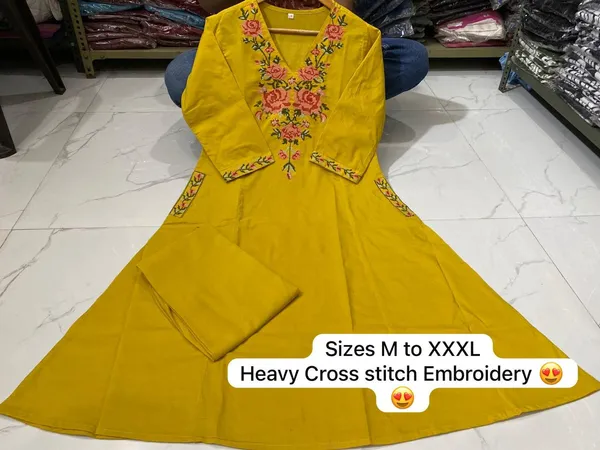 Yellow_Heavy_Cross_Stitch_Embroidered_Kurta_With_Floral_Design