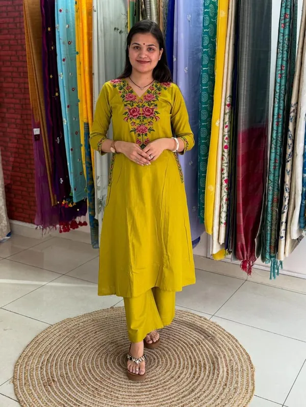 Yellow_Heavy_Cross_Stitch_Embroidered_Kurta_With_Floral_Design