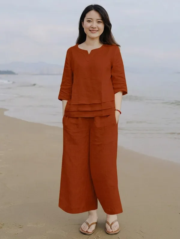 Women'S_Rust_Orange_Linen_Co-Ord_set_Layered_Top_And_Wide_Leg_Pants