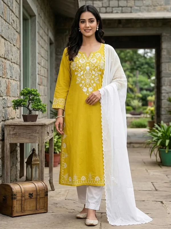 Elegant_Yellow_Embroidered_Kurti_With_Straight_Pants_Set