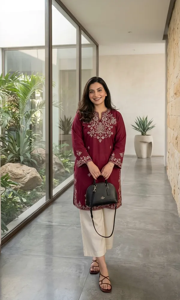 Elegant_Maroon_Embroidered_Kurti_With_Straight_Pants_Set