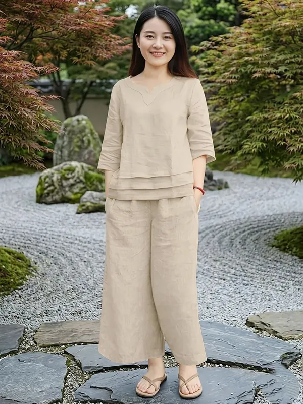 Women'S_Beige_Linen_Co-Ord_set_Layered_Top_And_Wide_Leg_Pants