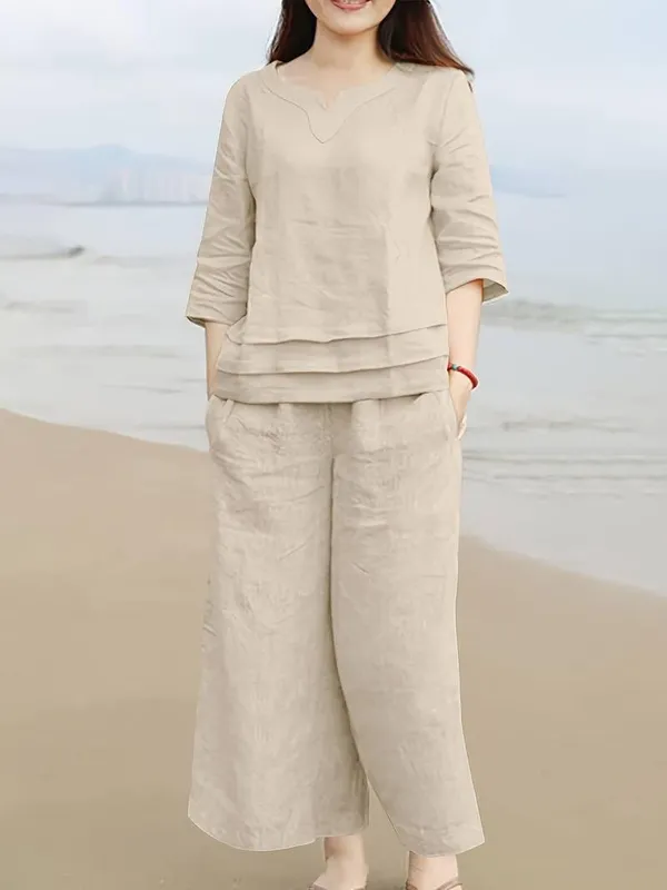 Women'S_Beige_Linen_Co-Ord_set_Layered_Top_And_Wide_Leg_Pants