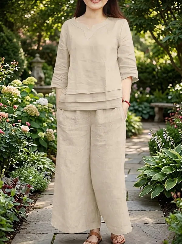 Women'S_Beige_Linen_Co-Ord_set_Layered_Top_And_Wide_Leg_Pants