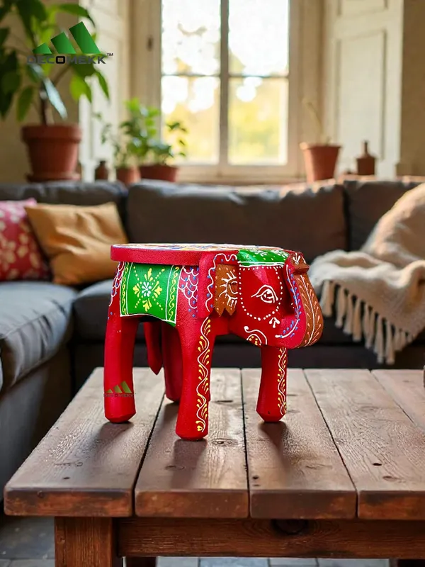 Red_And_Green_Artisan_Handmade_Wooden_Stool_And_Traditional_Indian_Furniture_And_Small_Wooden_Side_Table_Ethnic_Accent_And_Solid_Wood_Elephant_Stool_And_Unique_Housewarming_Gift_Furniture