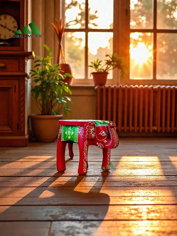 Red_And_Green_Artisan_Handmade_Wooden_Stool_And_Traditional_Indian_Furniture_And_Small_Wooden_Side_Table_Ethnic_Accent_And_Solid_Wood_Elephant_Stool_And_Unique_Housewarming_Gift_Furniture