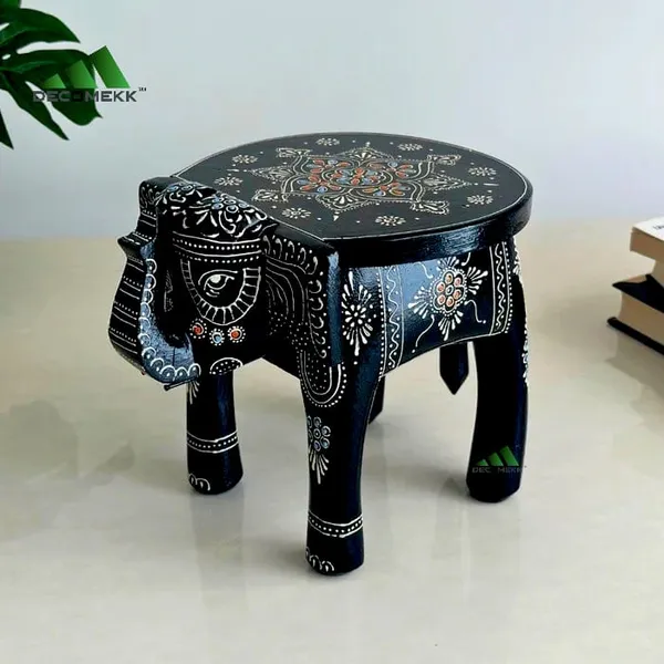 Black_Wooden_Elephant_Stool_And_Hand_Painted_Rajasthani_Elephant_Table_Decor_And_Handmade_Indian_Handicraft_Showpiece