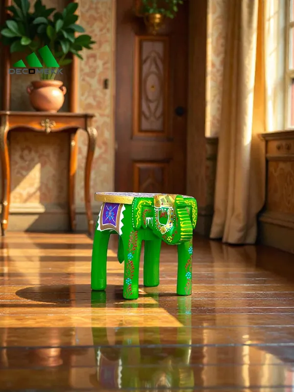 Green_Handcrafted_Wooden_Elephant_Stool_And_Decorative_Mini_Elephant_Table_And_Traditional_Rajasthani_Hand_Painted_Elephant_Chowki_And_And_Pooja_Stool_And_Gift_Item