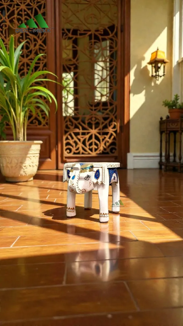 White_Classic_White_Hand_Painted_Wooden_Elephant_Stool_Sacred_Hathi_Chowki_Pooja_And_Mandir_Decor