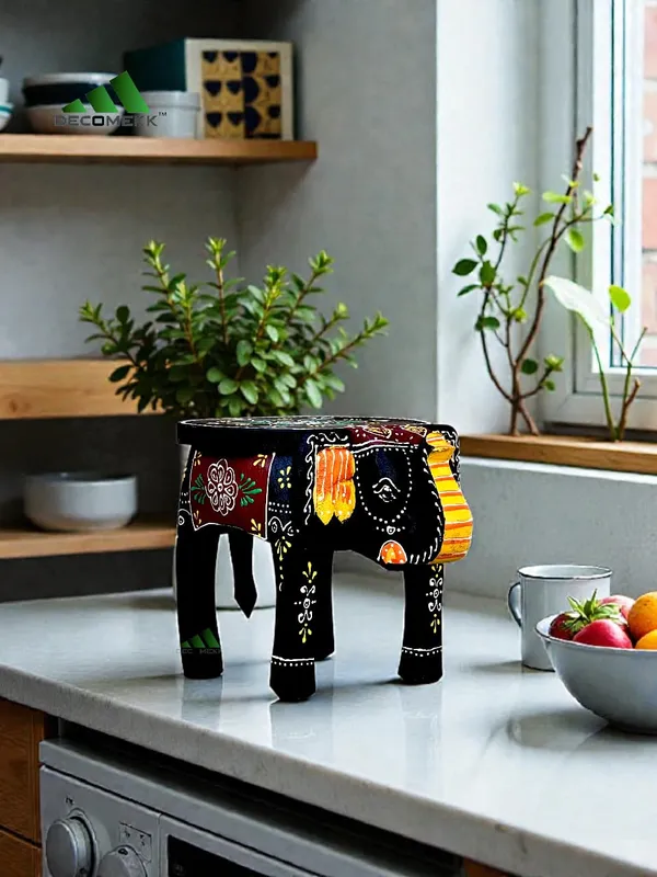 Black_And_Red_Handmade_Wooden_Elephant_Stool_And_Hand_Painted_Rajasthani_Mini_Elephant_Table_And_Traditional_Indian_Ethnic_And_Pooja_Chowki_And_Gift_Item