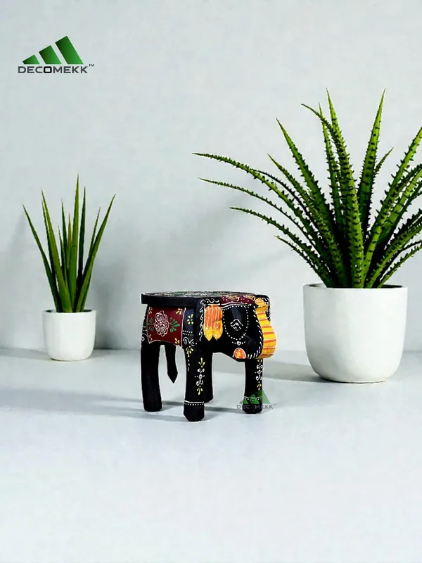 Black_And_Red_Handmade_Wooden_Elephant_Stool_And_Hand_Painted_Rajasthani_Mini_Elephant_Table_And_Traditional_Indian_Ethnic_And_Pooja_Chowki_And_Gift_Item
