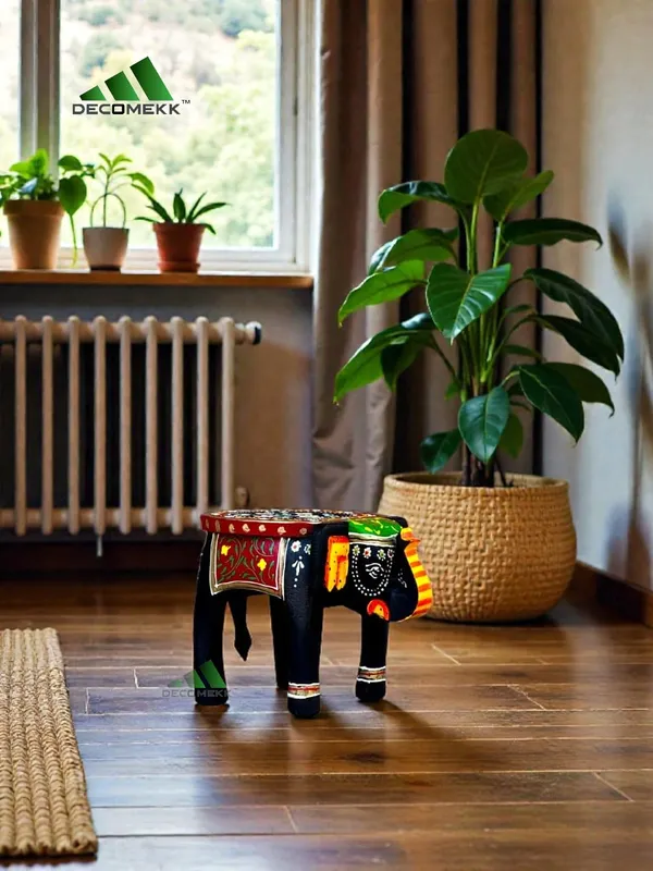 Black_And_Green_Hand_Painted_Elephant_Stool_From_The_Heart_Of_India_Handcrafted_Wooden_Elephant_Stand_With_Sacred_Geometry_Top