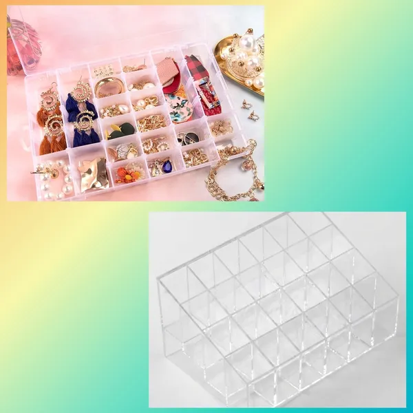 Transparent_36_Grids_Plastic_Storage_Box_With_Adjustable_Dividers_And_24_Slot_Acrylic_Trapezoid_Makeup_Storage_Box_|_Pack_Of_2