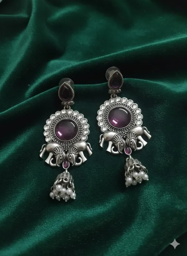 Wine_Silver_Finish_Alloy_Double_Elephant_Earring_For_Women_And_Girls