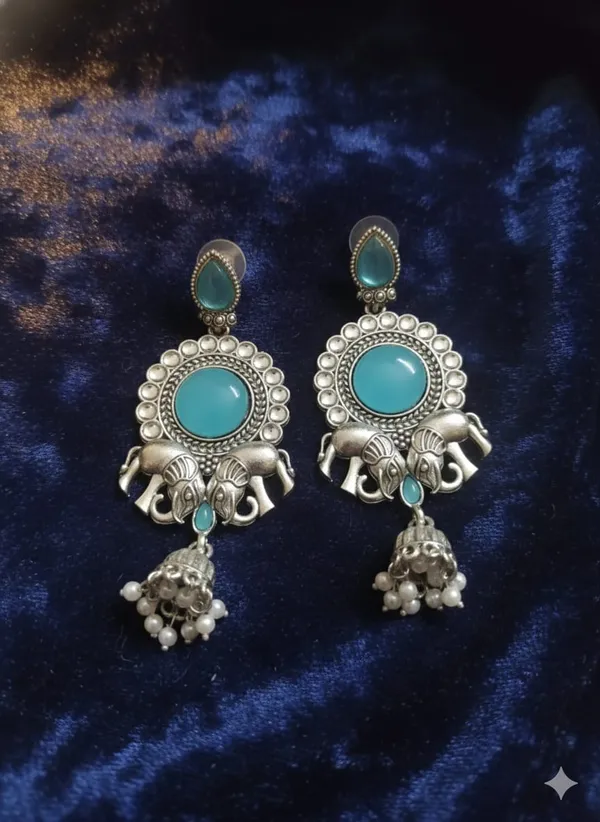 Light_Blue_Silver_Finish_Alloy_Double_Elephant_Earring_For_Women_And_Girls