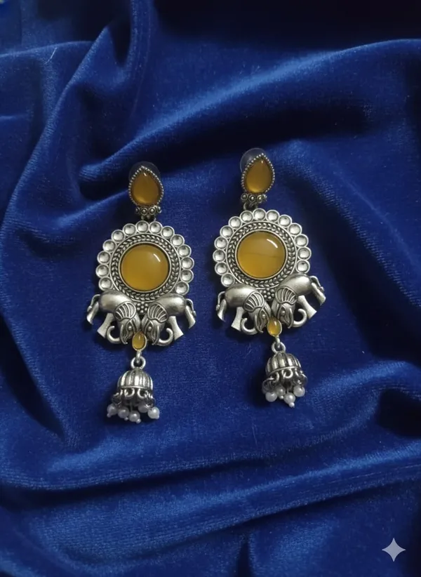 Mustard_Yellow_Silver_Finish_Alloy_Double_Elephant_Earring_For_Women_And_Girls