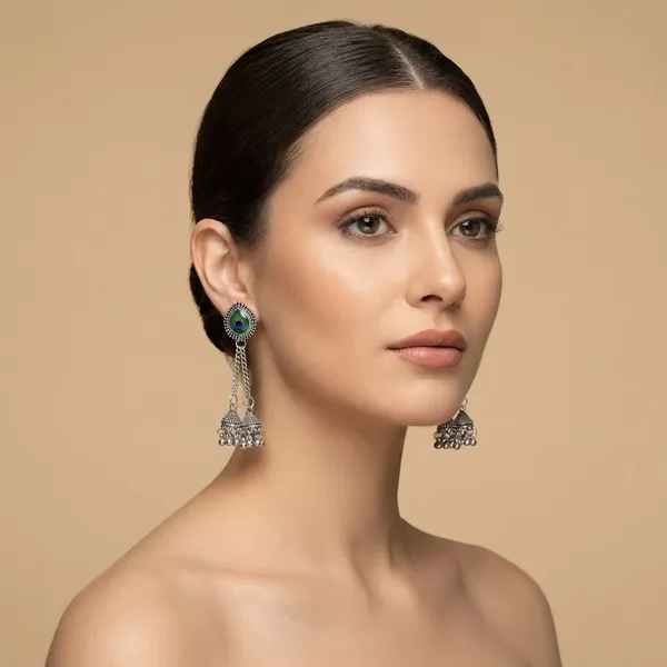 Silver_Tone_Alloy_Small_Stone_Stud_Peacock_Chain_Earring_For_Women_And_Girls